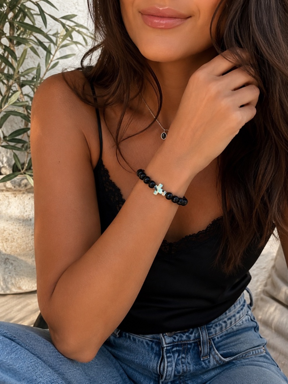 {Handmade} Black Beaded Bracelet with Colorful Cross